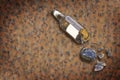 Shattered beer bottle resting on the ground - alcoholism concept with copy space against a rusty background Royalty Free Stock Photo