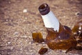 Shattered beer bottle resting on the ground: alcoholism concept - toned image with copy space Royalty Free Stock Photo