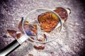 Shattered beer bottle resting on the ground seen through a magnifying glass - alcoholism concept image Royalty Free Stock Photo