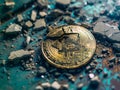 Shattered Bitcoin Token on Electronic Circuit Board Wreckage, The collapse of Bitcoin Royalty Free Stock Photo