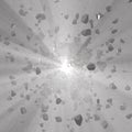 Shattered broken stones or meteor flying in foggy space background. 3d illustration