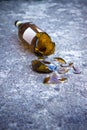 Shattered brown beer bottle resting on the ground: alcoholism co Royalty Free Stock Photo