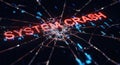 Shattered digital screen with glowing red system crash warning message and blue data elements Royalty Free Stock Photo