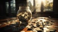 Shattered Fortune: A Captivating Macro Shot of Broken Glass, Cash, and a Broken Piggy Bank Royalty Free Stock Photo