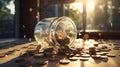 Shattered Fortune: A Captivating Macro Shot of Broken Glass, Cash, and a Broken Piggy Bank Royalty Free Stock Photo