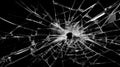 Shattered glass window with a piercing, gunshot like hole in the center. Black background Royalty Free Stock Photo