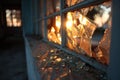 Shattered glass on a window sill with warm light entering a neglected interior Royalty Free Stock Photo