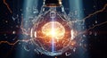 Shattered lightbulb with exploding AI neural brain. Royalty Free Stock Photo