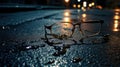 Shattered Reflections: Broken Glasses on Rain-Soaked Asphalt at Night