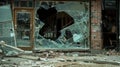 A shattered storefront with shattered glass and twisted metal a haunting reminder of the impact of a tornados