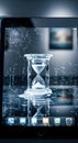 Shattered tablet screen reflects hourglass, symbolizing broken time and digital disruption Royalty Free Stock Photo
