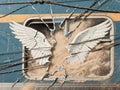 Shattered Train Window with White Wing Design and Cables Royalty Free Stock Photo