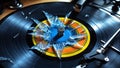 Shattered vinyl record with a hole in the center on a turntable close up Royalty Free Stock Photo
