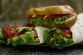 Shaurma chicken roll and long subway sandwich Royalty Free Stock Photo