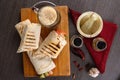 Shaurma chicken roll in a pita with fresh vegetables and cream sauce composition on wooden background Royalty Free Stock Photo