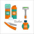 After shave flat icon set. Shaving razor, shaving foam, after shave balm vector icons.