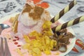 Shaved ice and bread with cocoa crunch, corn flakes