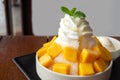 Shaved ice dessert with mango sliced.  Served with vanilla ice cream and whipped cream. Sweet dessert in Korean style. Local name Royalty Free Stock Photo