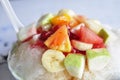 Shaved ice with flavoring and fruit