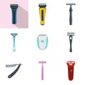 Shaver blade razor personal icons set, flat style