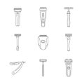 Shaver blade razor personal icons set, outline style