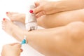 Shaver and epilator in woman`s hand. Electric vs manual shave. Hair removal alternatives and options