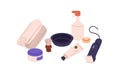 Shaving accessories kit. Brush, hygiene towels, beauty tools, products. Cream in tube, mask, lotion in jar, razor, male