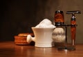 Shaving accessories on a Luxury wooden background. Royalty Free Stock Photo