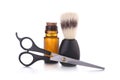Shaving accessories and scissors on white background Royalty Free Stock Photo