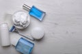 Shaving accessories on white wooden background, flat lay Royalty Free Stock Photo