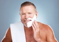Shaving beard, smile and man portrait with cream and razor for face cleaning, wellness and skincare. Morning grooming Royalty Free Stock Photo