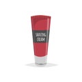 Shaving cream deep red tube. Cartoon flat style with simple gradients. Male face hygiene equipment. Mooisture gel. Vector illustra