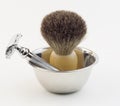 Shaving equipment - Shaving kit ( Shaving bowl, brush and straight razor) Royalty Free Stock Photo