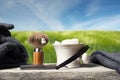 Shaving Equipment on wood in Landscape Royalty Free Stock Photo