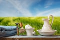 Shaving Equipment on wood in Landscape Royalty Free Stock Photo