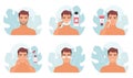 Shaving and facial skincare routine of man in bathroom set, characters shave with razor