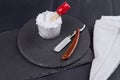 Shaving foam with brush and razors. Royalty Free Stock Photo