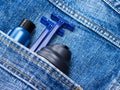 Shaving foam, disposable razors and aftershave lotion Royalty Free Stock Photo