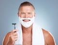 Shaving foam, happy man and portrait with cream and razor for face cleaning, wellness and skincare. Morning grooming and