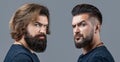 Shaving, hairstyling. Beard, shave before, after. Long beard Hair style hair stylist. Collage man before and after