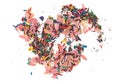 Shavings from multicolored pencils on white background. Top view
