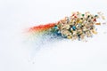 Shavings after sharpening of colored pencils lie in a heap on a white background. View from above Royalty Free Stock Photo