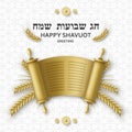 Shavuot greeting card with Torah, wheat and David star. Golden template. Translation Happy Shavuot