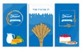 Shavuot holiday stories vertical banner template with milk jug, cheese, cheese cake, wheat