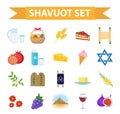 Shavuot icons set, flat style. Collection design elements on the Jewish holiday Shavuot with milk, fruit, torus