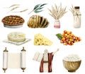 Shavuot symbols and traditional food illustration collection. Bread, milk, cheese. Moses with tablets Torah scroll