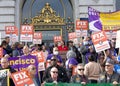 Shaw San Liu, executive director of the Chinese Progressive Association speaking at union workers rally