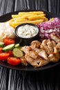 Shawarma bowl with chicken, vegetables and sauce close-up on a table. vertical