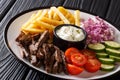 Shawarma bowl with lamb, vegetables, french fries and sauce close-up on a table. Horizontal