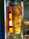 Shawarma. Closeup picture of stacked meat roasting, shawarma